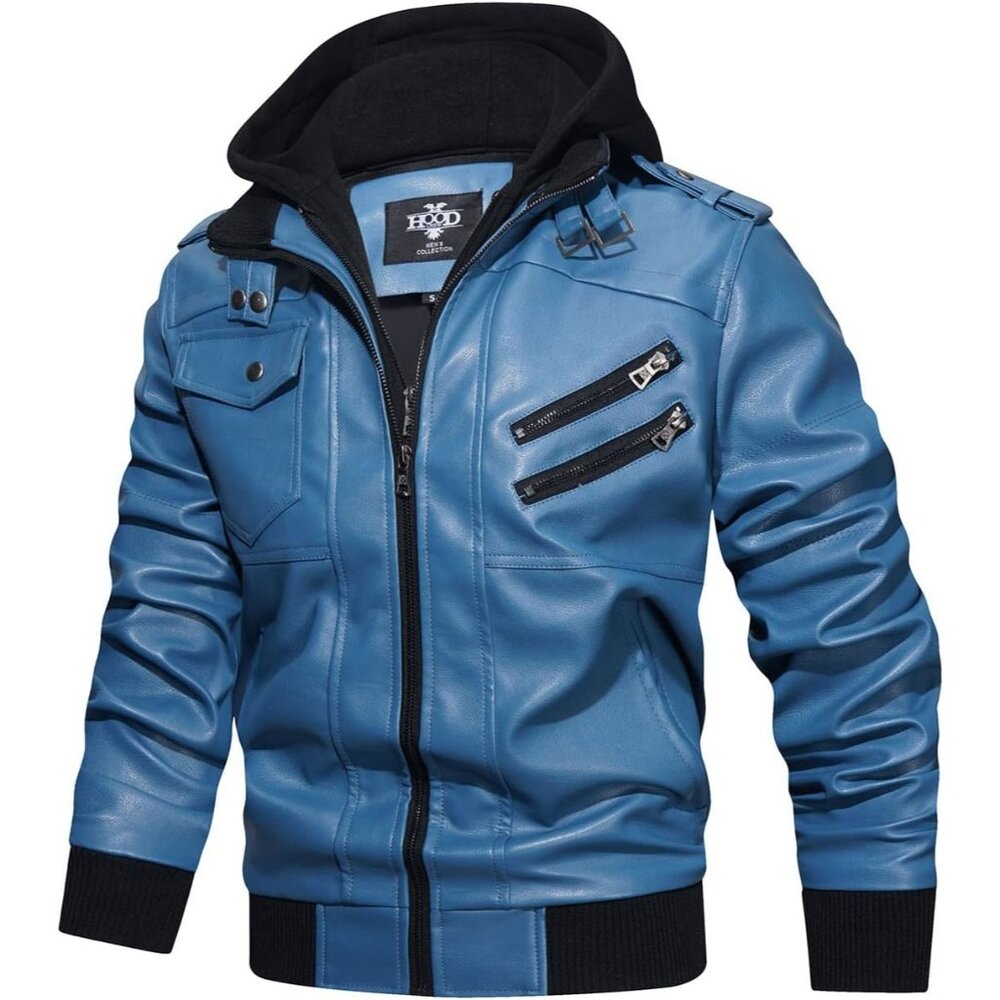 Men’s Blue Casual Stand Collar Pu Faux Leather Motorcycle Bomber Jacket - Picture 4 of 5